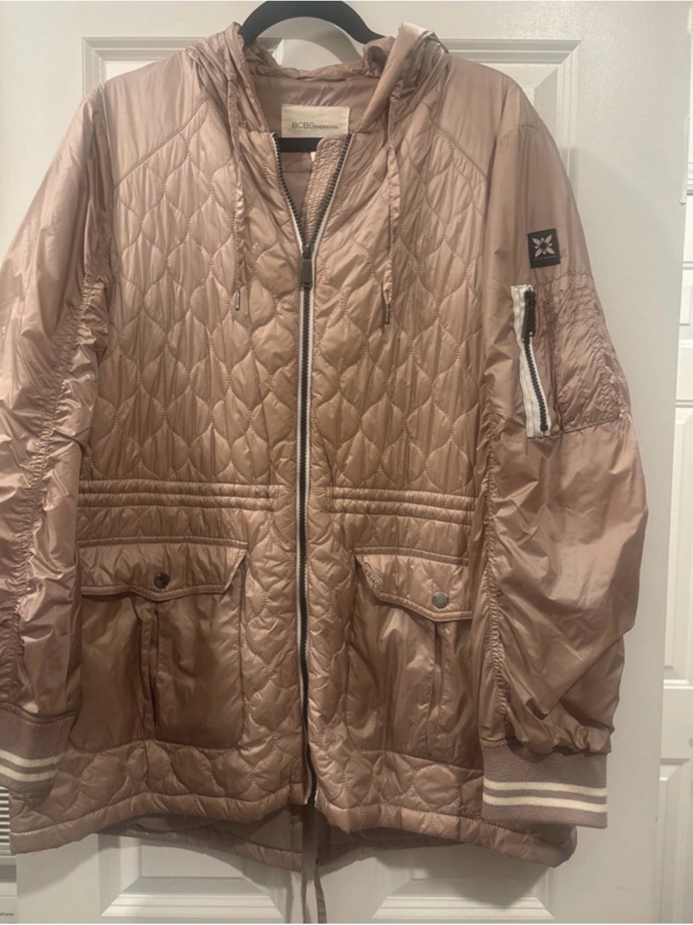 BCBGeneration Quilted Hooded Puffer Jacket in Blush Taupe